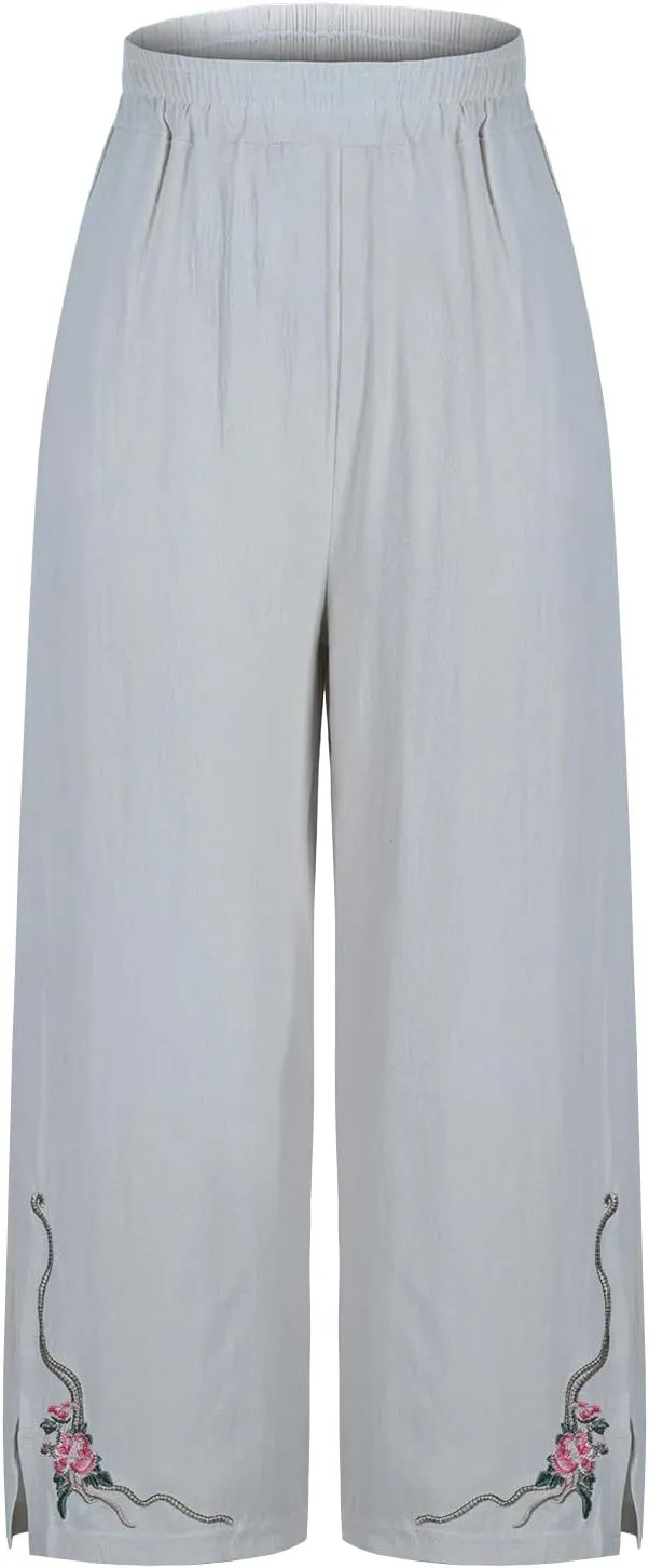 Wide Leg Linen Pants for Women Vintage Floral Embroidered Cropped Trousers High Elastic Waist Summer Beach Pants
