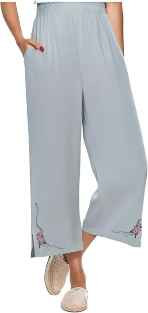 Wide Leg Linen Pants for Women Vintage Floral Embroidered Cropped Trousers High Elastic Waist Summer Beach Pants