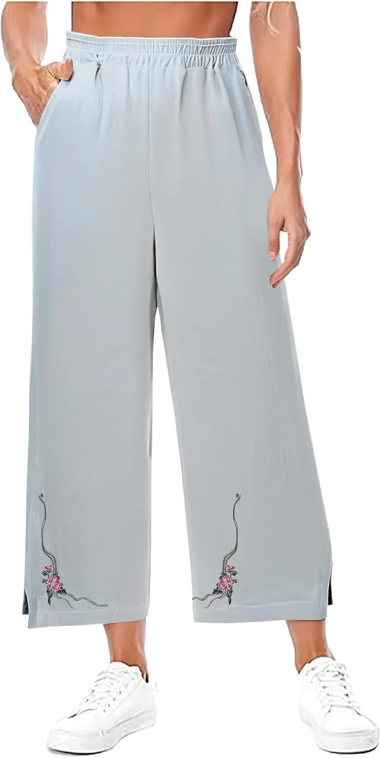 Wide Leg Linen Pants for Women Vintage Floral Embroidered Cropped Trousers High Elastic Waist Summer Beach Pants