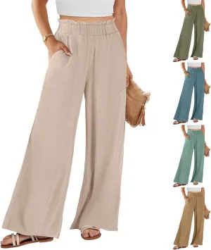 Wide Leg Linen Pants Women Summer Elastic High Waisted Paper Bag Beach Pants Trendy Summer Outfits with Pockets