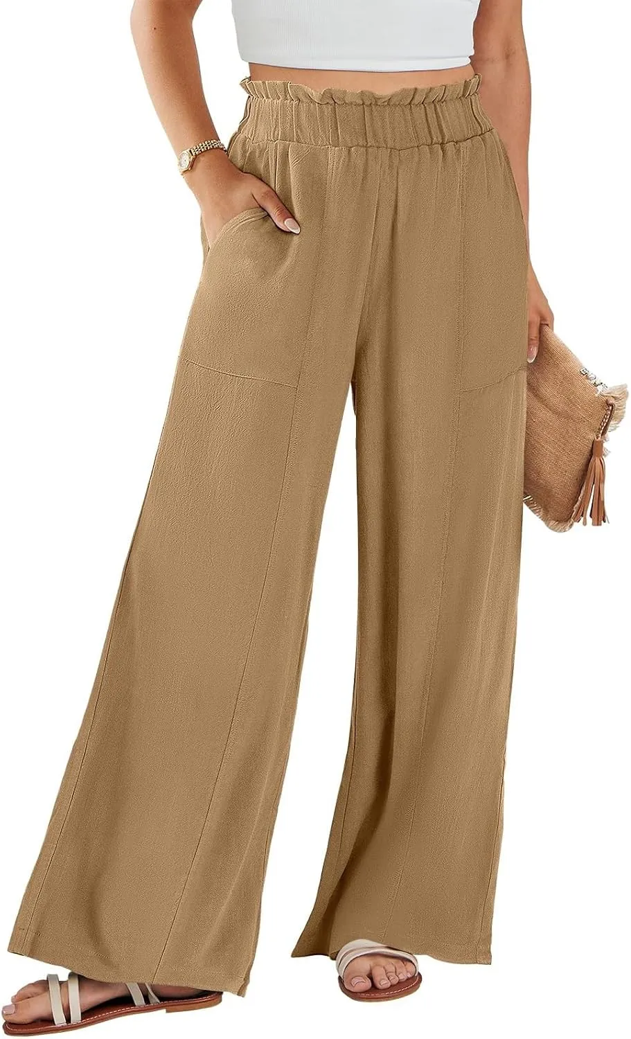 Wide Leg Linen Pants Women Summer Elastic High Waisted Paper Bag Beach Pants Trendy Summer Outfits with Pockets
