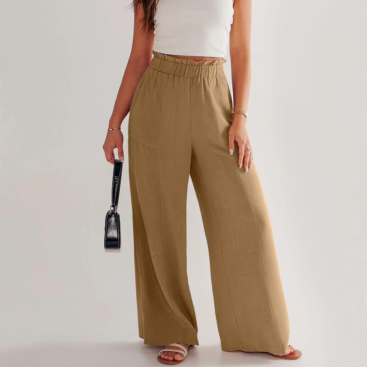 Wide Leg Linen Pants Women Summer Elastic High Waisted Paper Bag Beach Pants Trendy Summer Outfits with Pockets