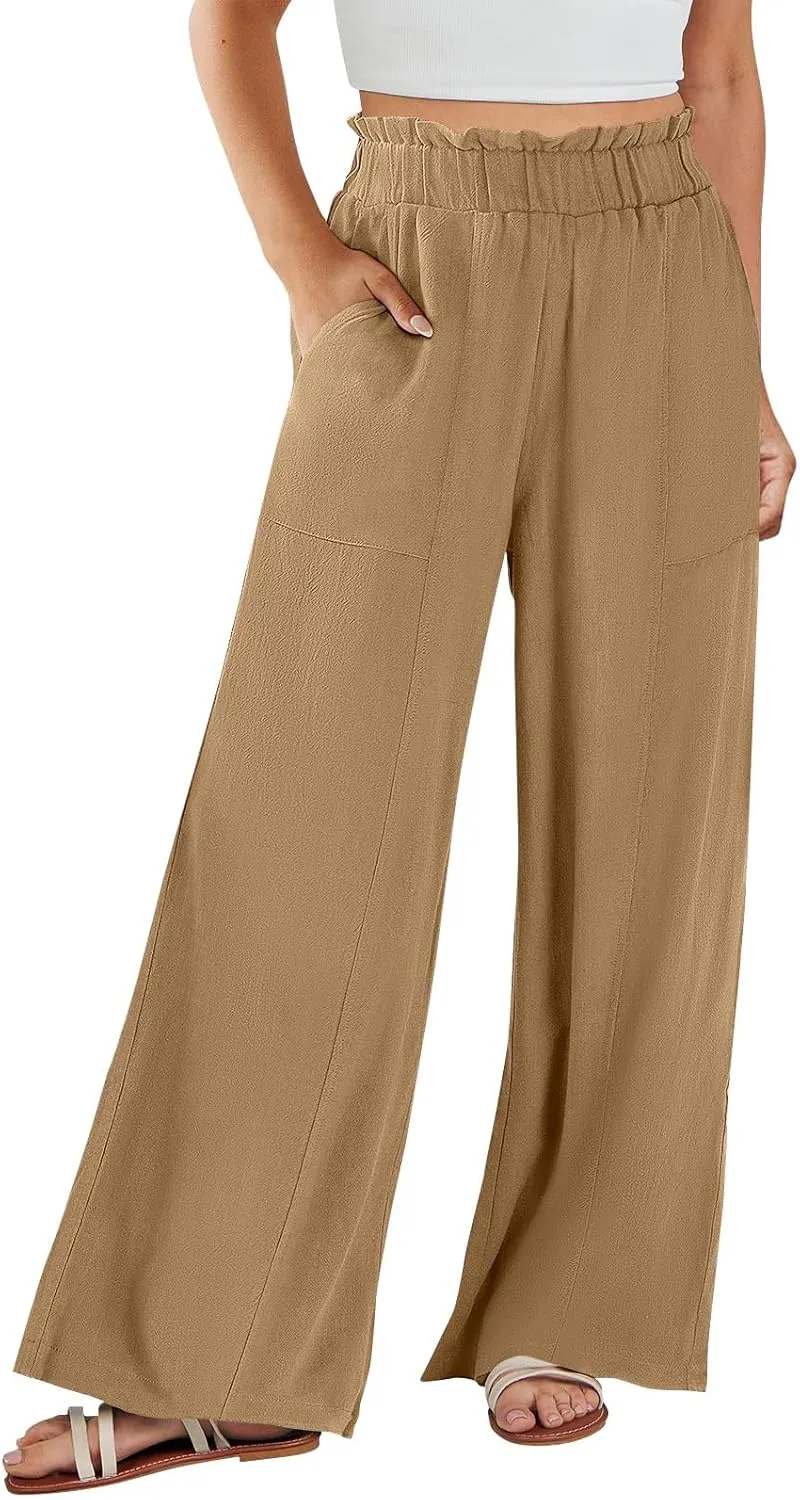 Wide Leg Linen Pants Women Summer Elastic High Waisted Paper Bag Beach Pants Trendy Summer Outfits with Pockets