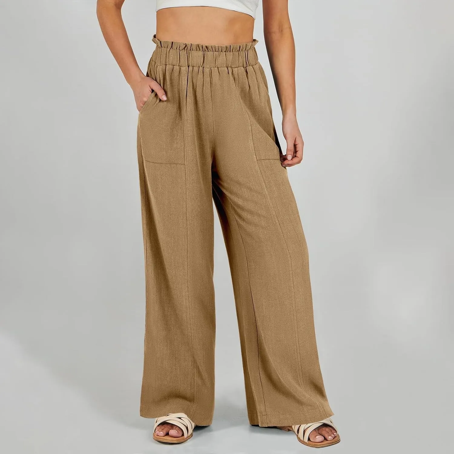 Wide Leg Linen Pants Women Summer Elastic High Waisted Paper Bag Beach Pants Trendy Summer Outfits with Pockets