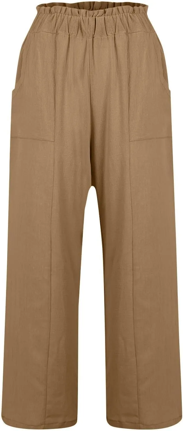 Wide Leg Linen Pants Women Summer Elastic High Waisted Paper Bag Beach Pants Trendy Summer Outfits with Pockets