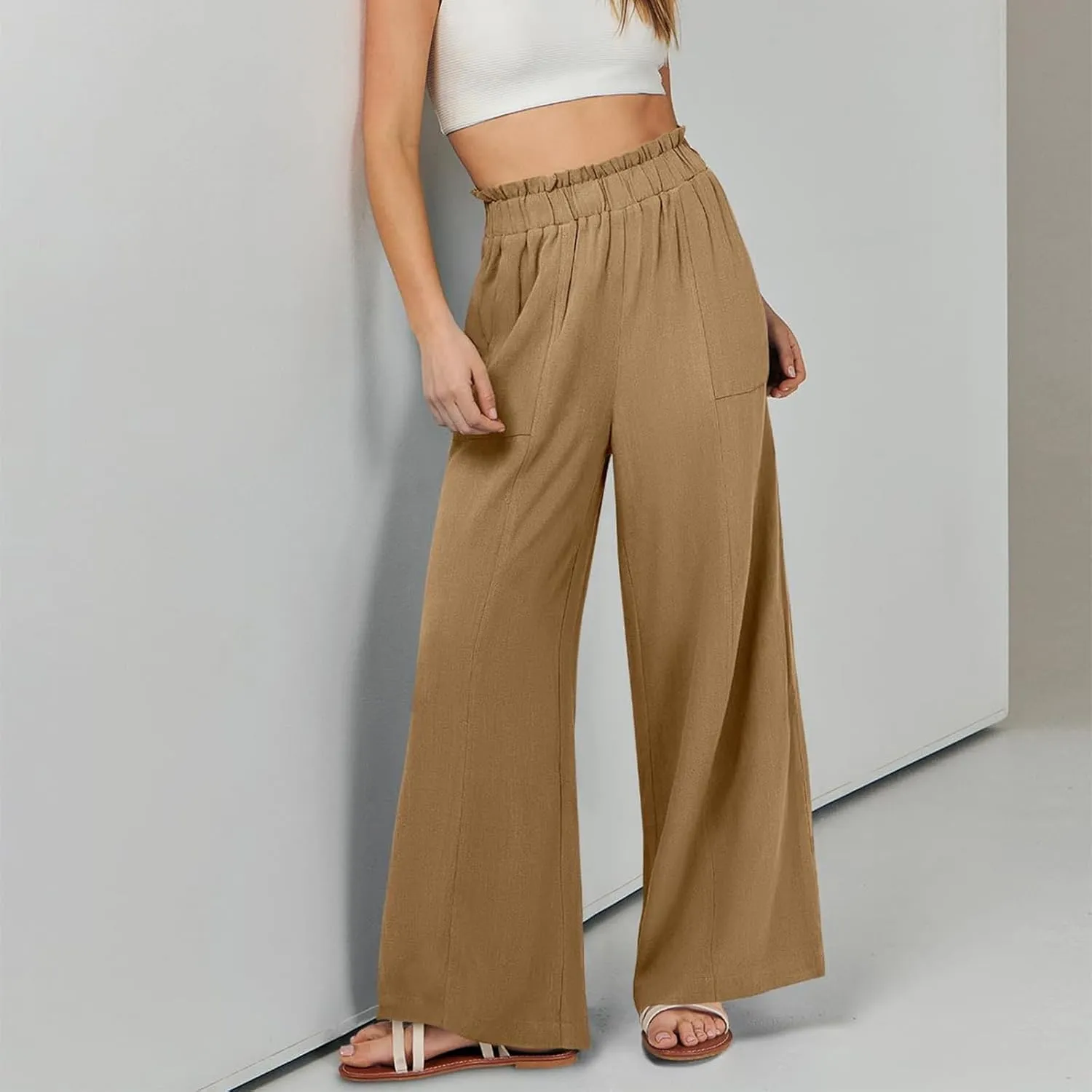 Wide Leg Linen Pants Women Summer Elastic High Waisted Paper Bag Beach Pants Trendy Summer Outfits with Pockets