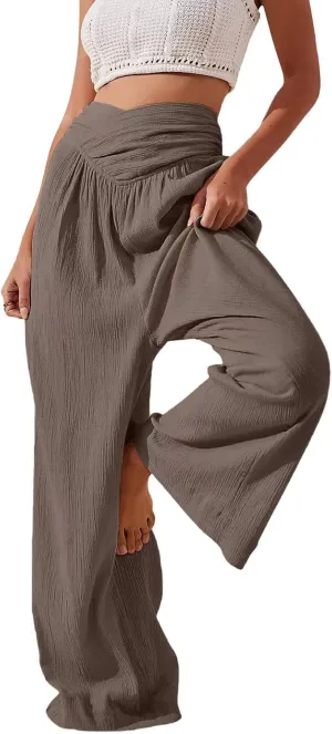 Wide Leg Palazzo Pants for Women Cotton Linen Crossover High Waisst Dressy Trousers with Pockets Lightweight Loose Yoga Pants