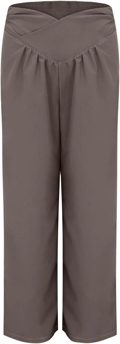 Wide Leg Palazzo Pants for Women Cotton Linen Crossover High Waisst Dressy Trousers with Pockets Lightweight Loose Yoga Pants