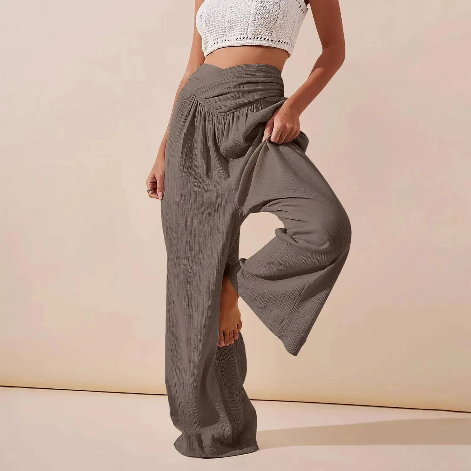 Wide Leg Palazzo Pants for Women Cotton Linen Crossover High Waisst Dressy Trousers with Pockets Lightweight Loose Yoga Pants