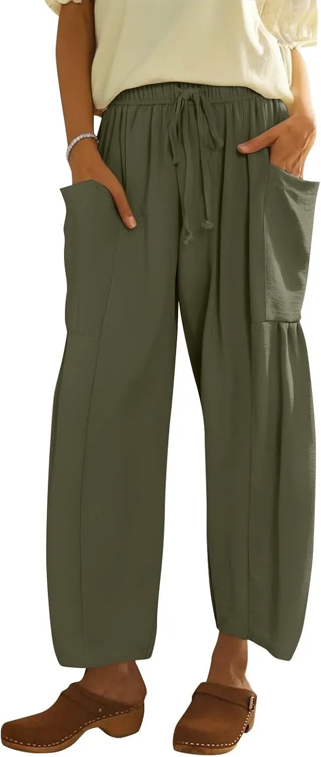 Wide Leg Pants Woman High Waisted Drawstring Boho Pants Summer Lightweight Beach Palazzo Harem Trousers with Pockets