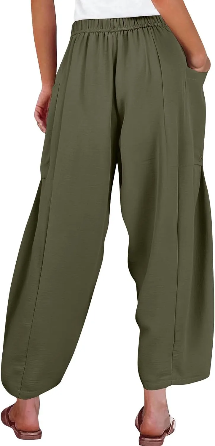 Wide Leg Pants Woman High Waisted Drawstring Boho Pants Summer Lightweight Beach Palazzo Harem Trousers with Pockets