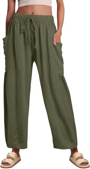 Wide Leg Pants Woman High Waisted Drawstring Boho Pants Summer Lightweight Beach Palazzo Harem Trousers with Pockets