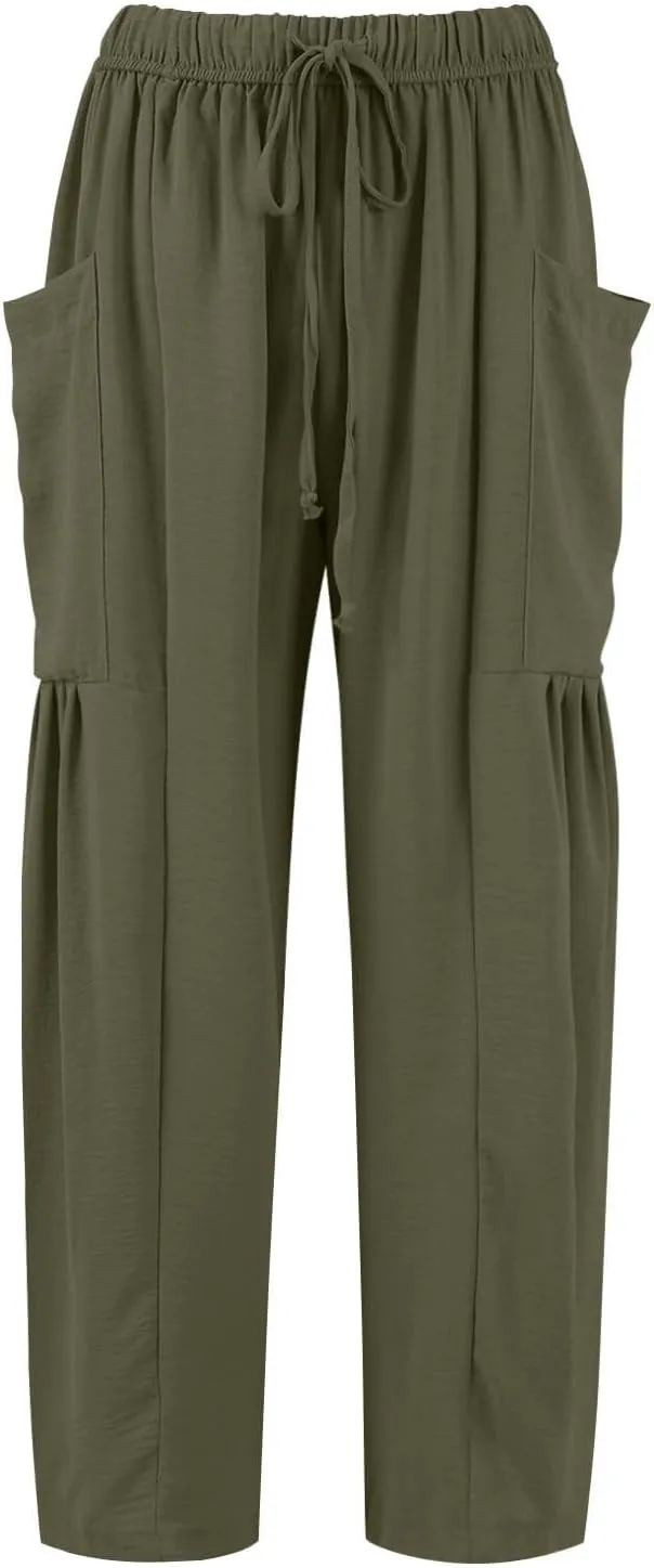 Wide Leg Pants Woman High Waisted Drawstring Boho Pants Summer Lightweight Beach Palazzo Harem Trousers with Pockets