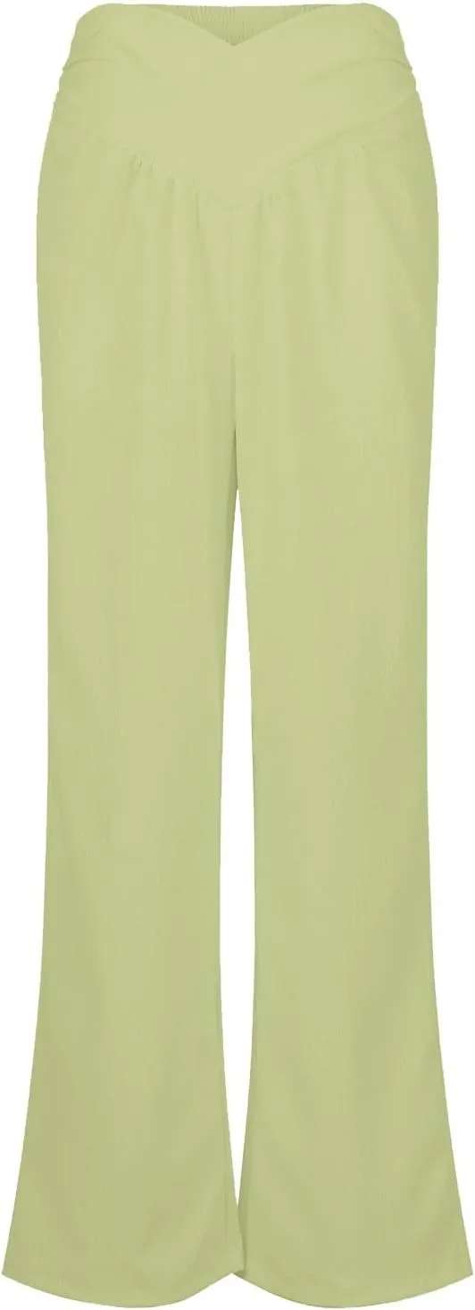 Wide Leg Summer Pants for Women Tummy Control Palazzo Pant Crossover Trousers Beach High Waisted Pants