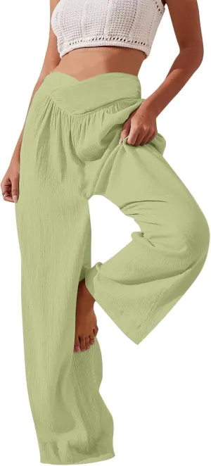 Wide Leg Summer Pants for Women Tummy Control Palazzo Pant Crossover Trousers Beach High Waisted Pants
