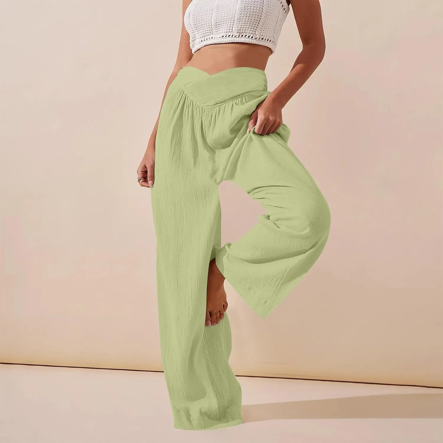 Wide Leg Summer Pants for Women Tummy Control Palazzo Pant Crossover Trousers Beach High Waisted Pants