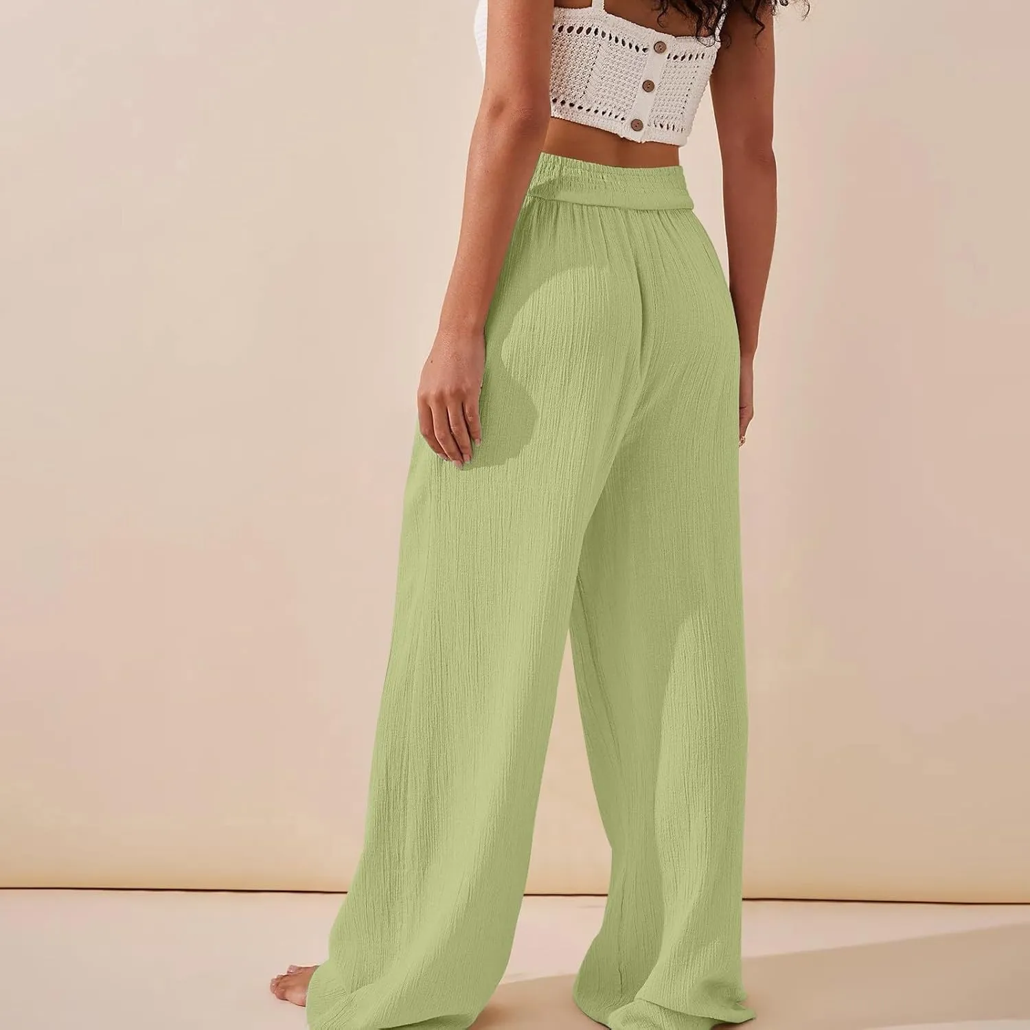 Wide Leg Summer Pants for Women Tummy Control Palazzo Pant Crossover Trousers Beach High Waisted Pants