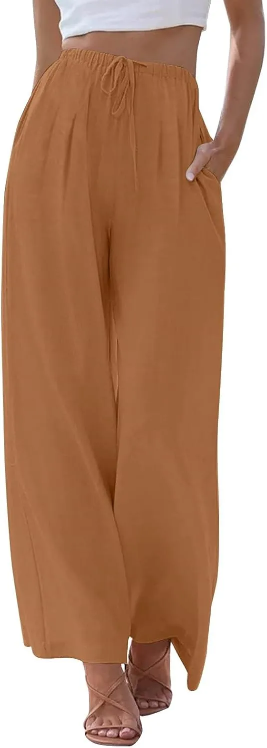 Wide Leg Women Linen Pants Summer Drawstring Elastic High Waisted Palazzo Pants Loose Fit Flowy Beach Trouser w/Pockets
