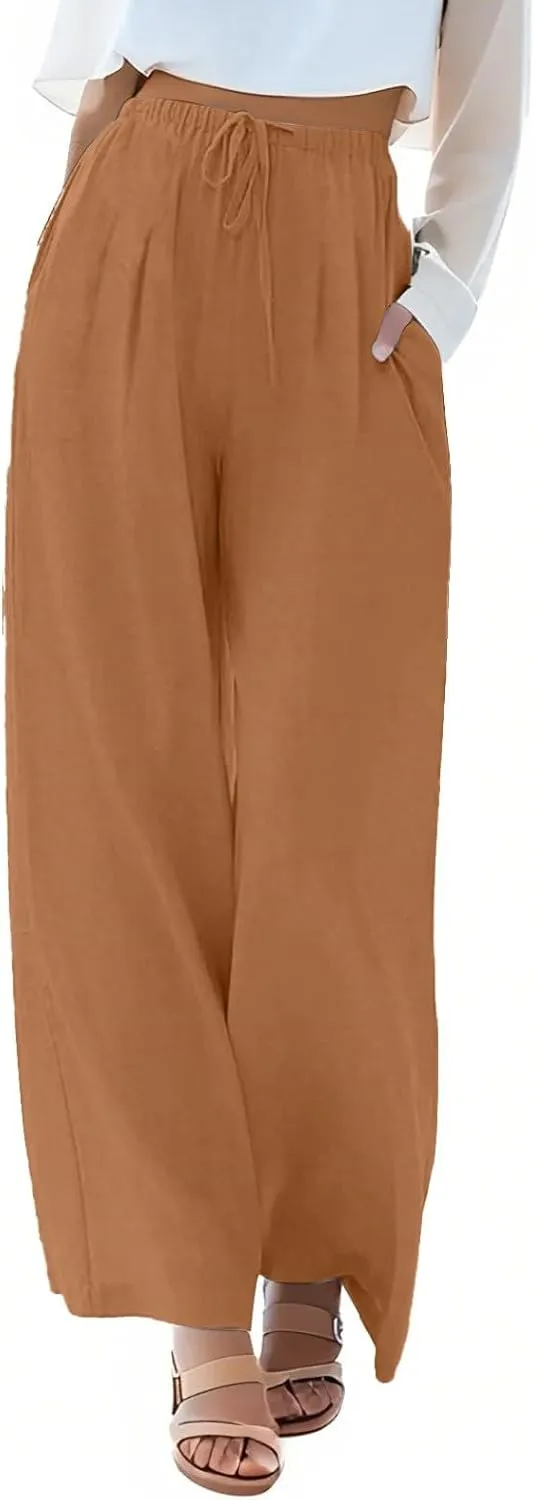 Wide Leg Women Linen Pants Summer Drawstring Elastic High Waisted Palazzo Pants Loose Fit Flowy Beach Trouser w/Pockets