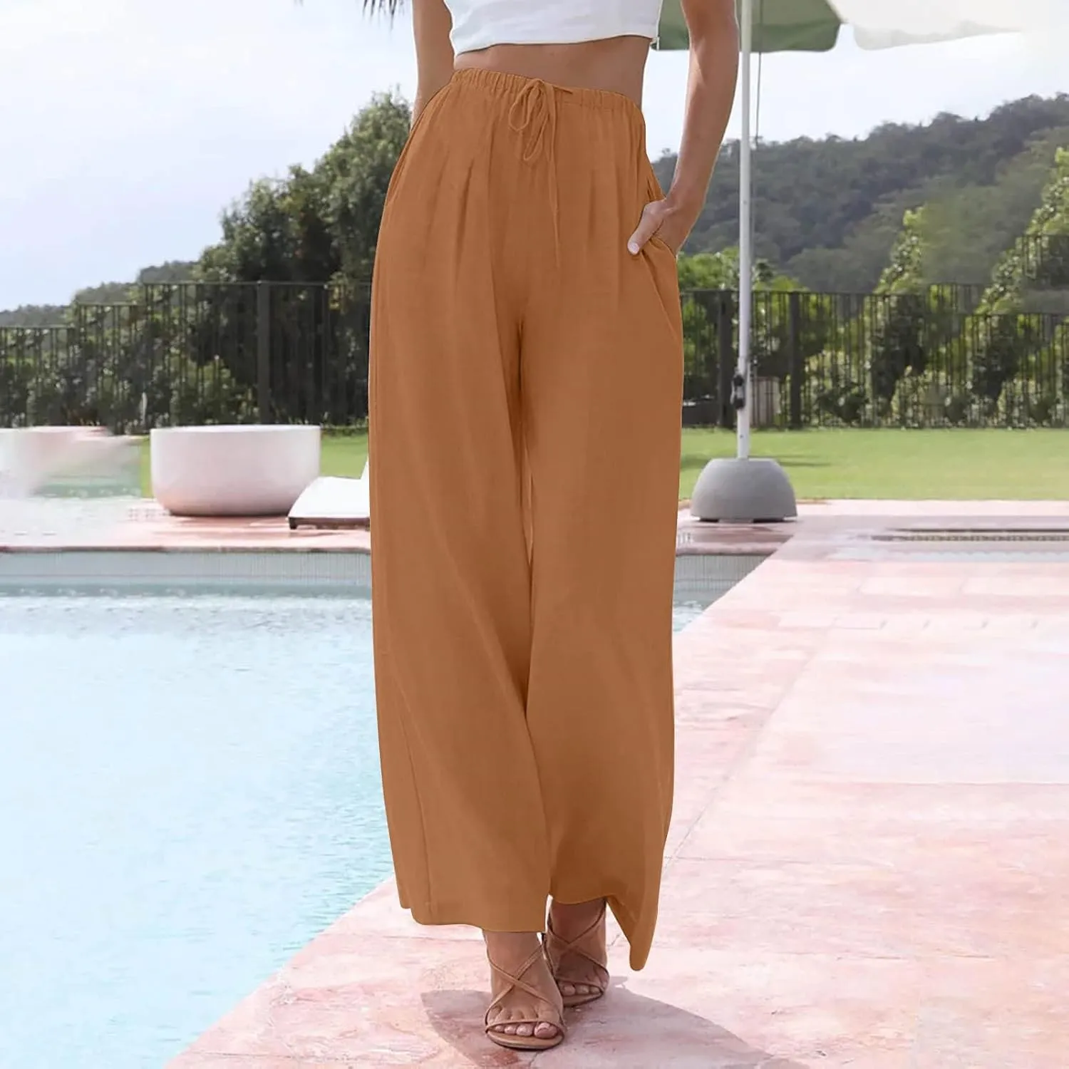 Wide Leg Women Linen Pants Summer Drawstring Elastic High Waisted Palazzo Pants Loose Fit Flowy Beach Trouser w/Pockets