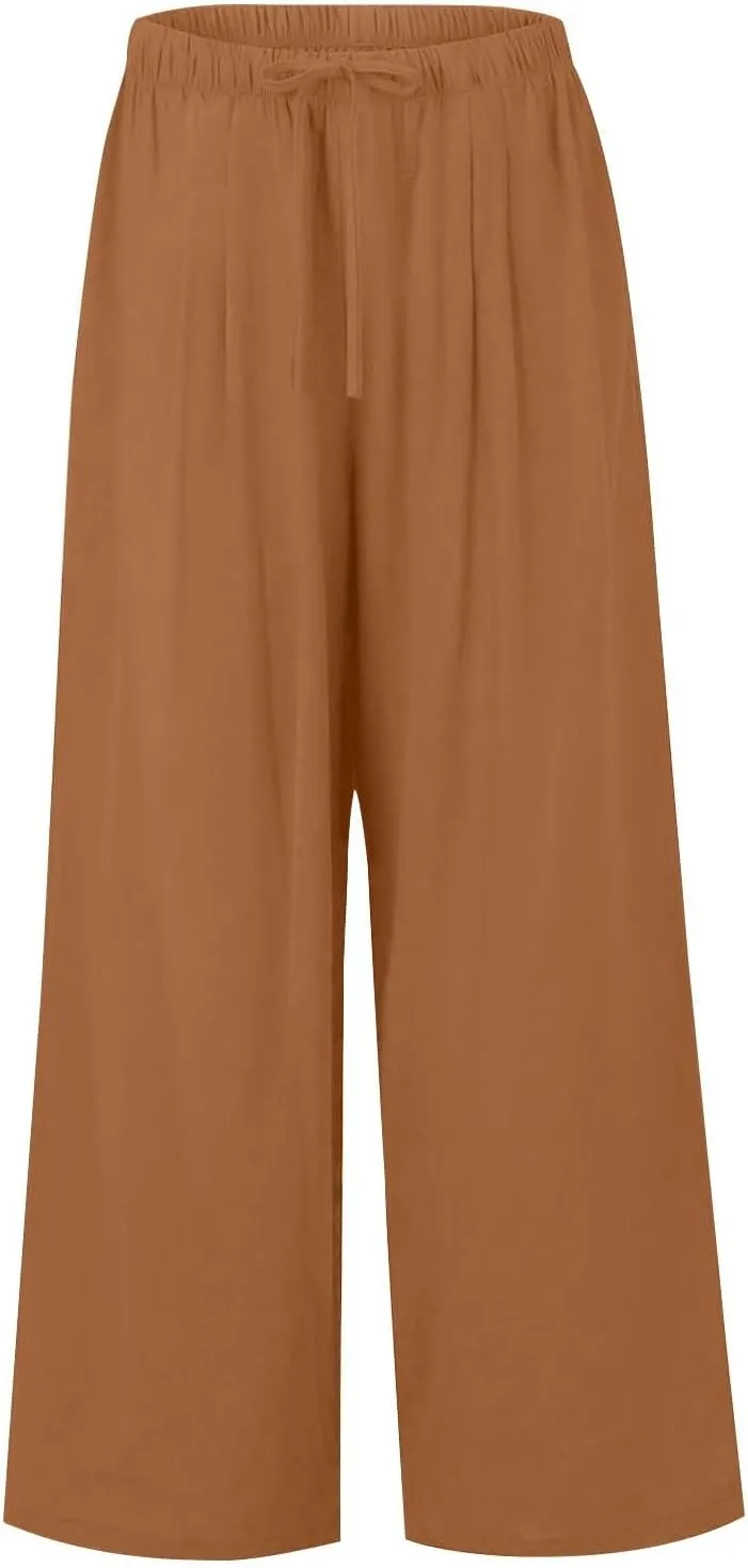 Wide Leg Women Linen Pants Summer Drawstring Elastic High Waisted Palazzo Pants Loose Fit Flowy Beach Trouser w/Pockets