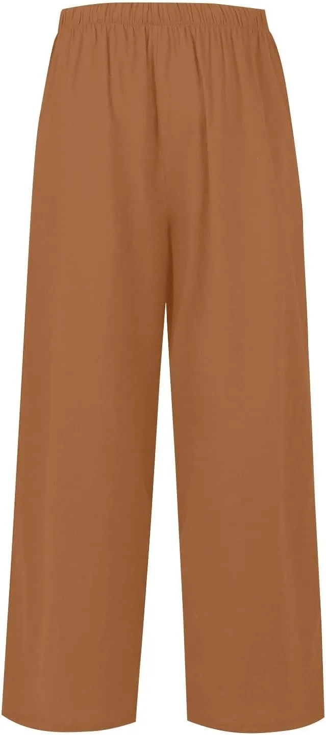 Wide Leg Women Linen Pants Summer Drawstring Elastic High Waisted Palazzo Pants Loose Fit Flowy Beach Trouser w/Pockets