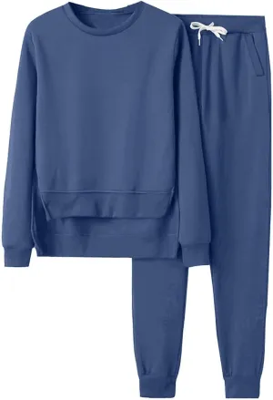 Women 2 Piece Outfits Long Sleeve V Neck Solid Color Sweatsuit Sweatshirt Baggy Fall Fashion Sweatpants Sets