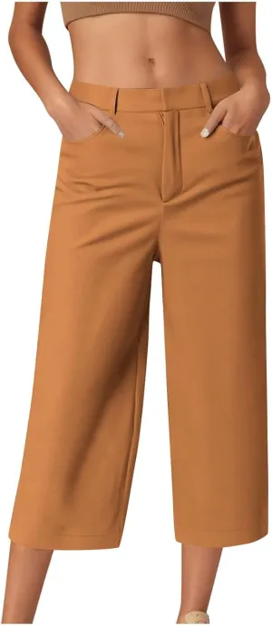 Women Basic Dress Capri Pants Summer Business Casual Work Straight Leg Pant High Waist Stretchy Trousers Loose Office Bottom