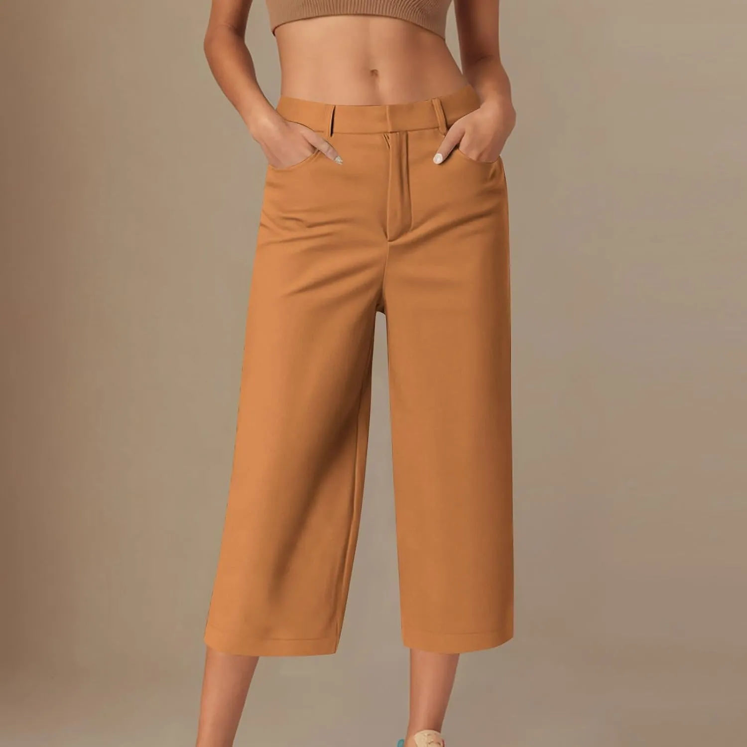 Women Basic Dress Capri Pants Summer Business Casual Work Straight Leg Pant High Waist Stretchy Trousers Loose Office Bottom