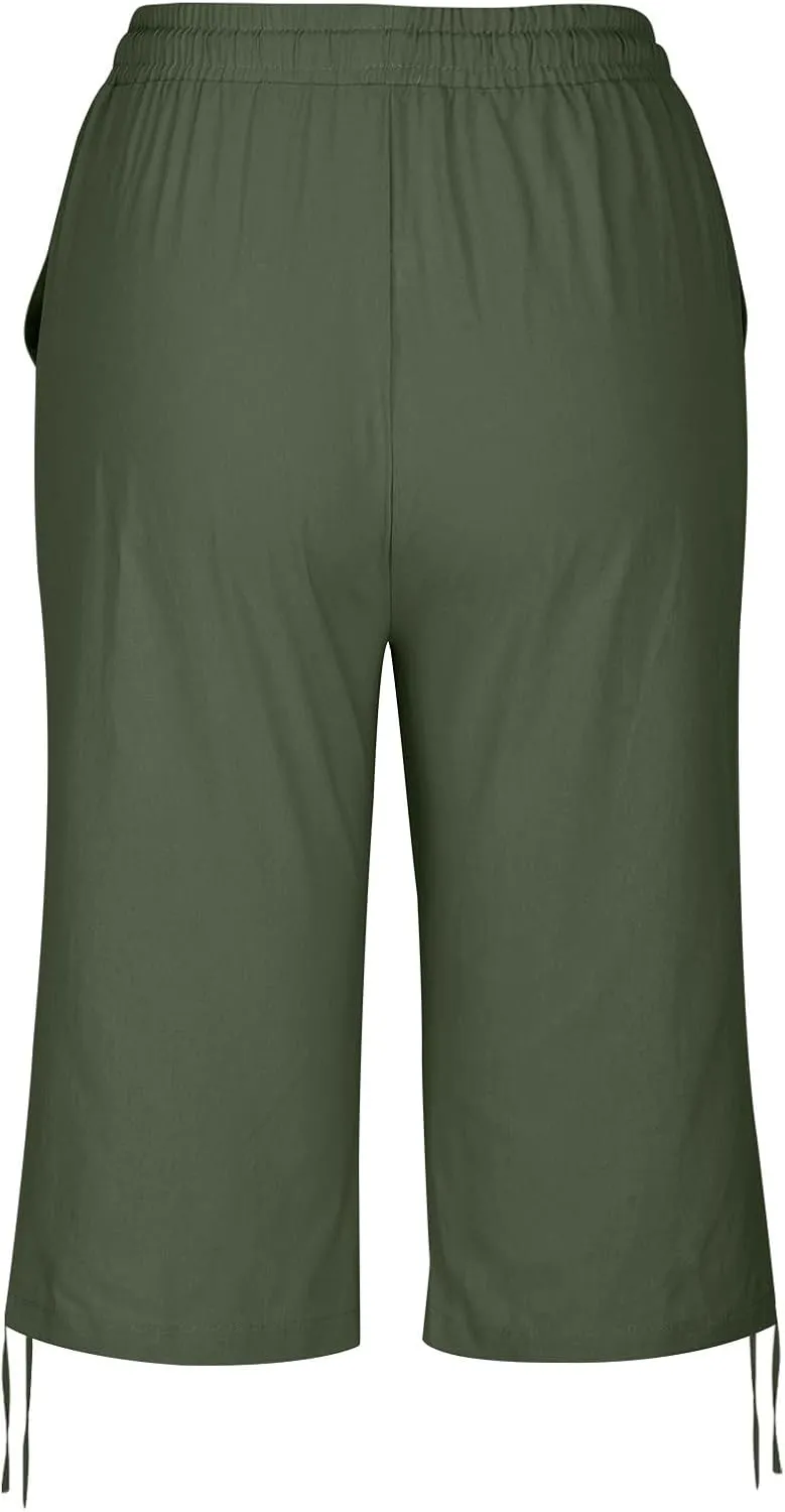 Women Capri Pants Dressy Cotton Linen Petite Short Cropped Plus Size Trousers for Summer Work Vacation Beach