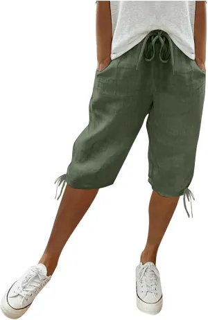 Women Capri Pants Dressy Cotton Linen Petite Short Cropped Plus Size Trousers for Summer Work Vacation Beach