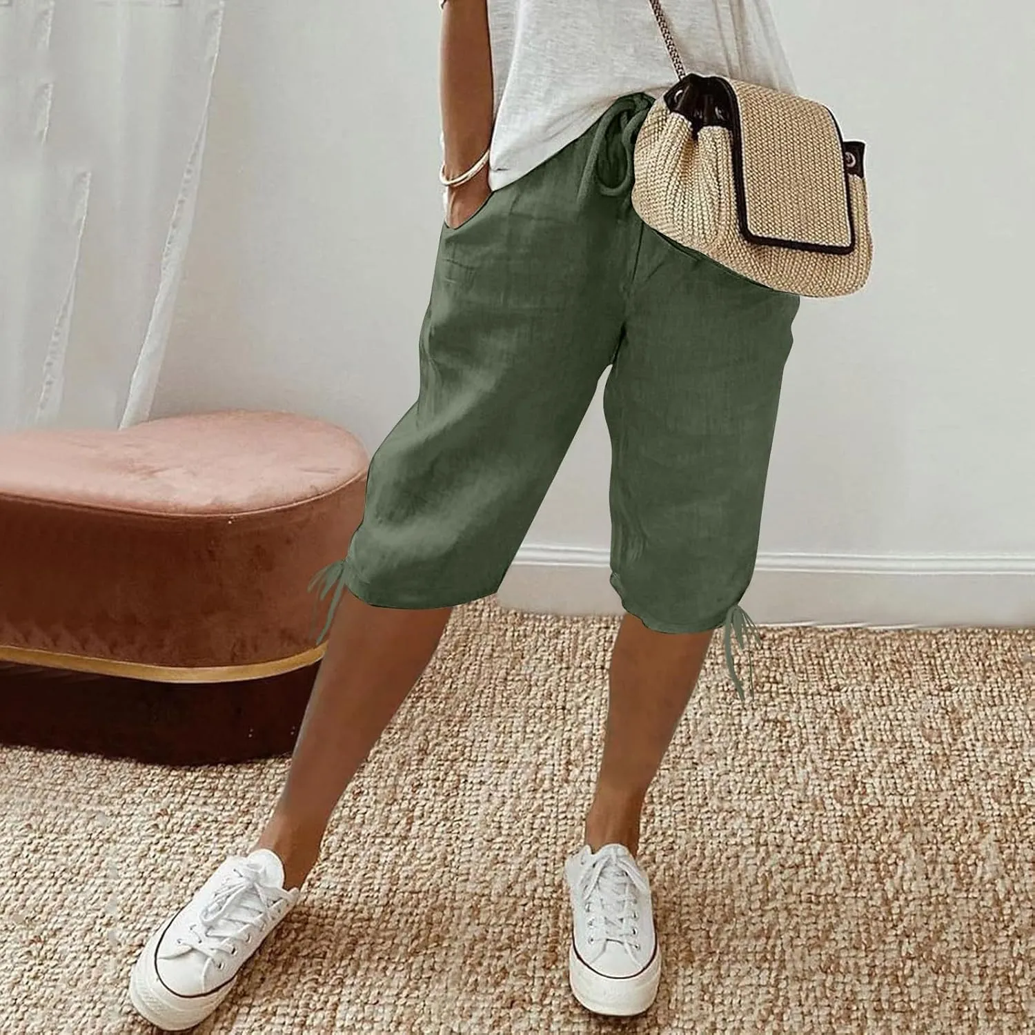 Women Capri Pants Dressy Cotton Linen Petite Short Cropped Plus Size Trousers for Summer Work Vacation Beach