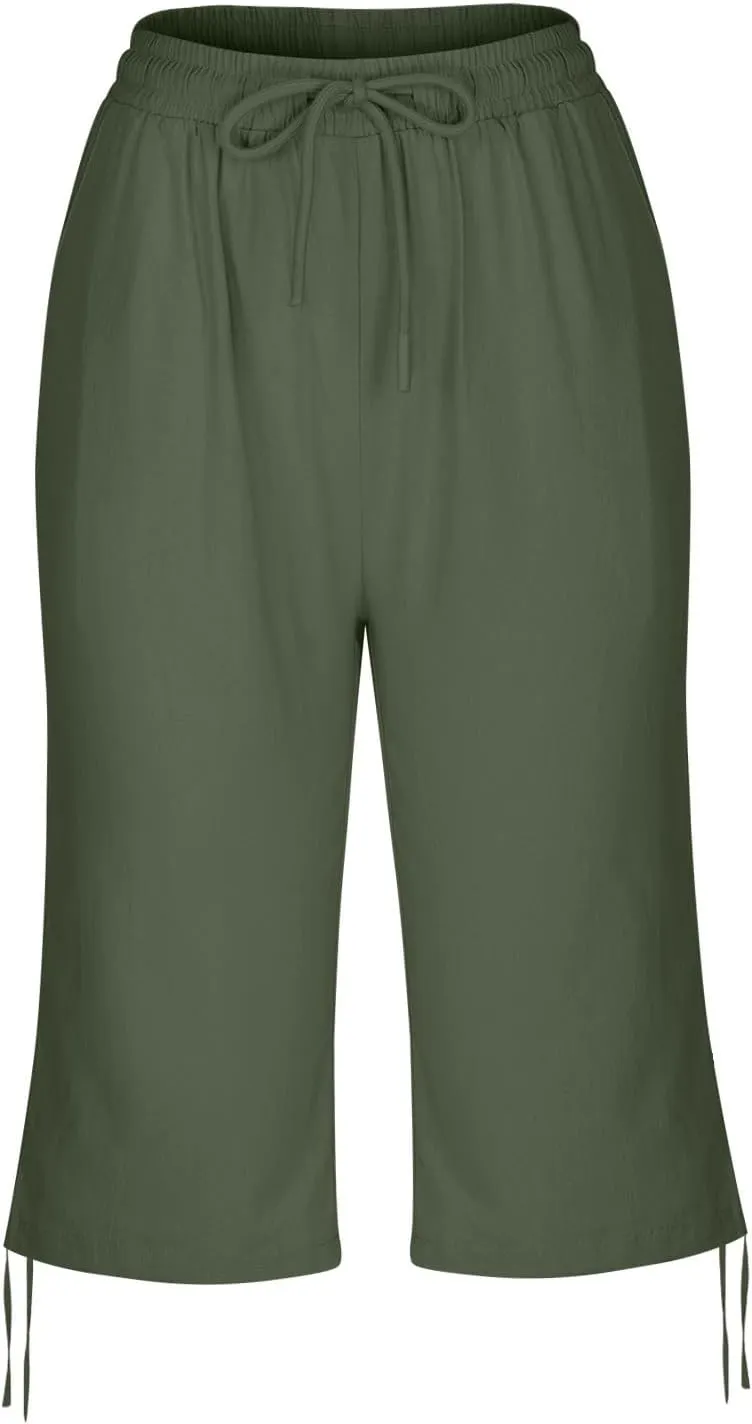 Women Capri Pants Dressy Cotton Linen Petite Short Cropped Plus Size Trousers for Summer Work Vacation Beach