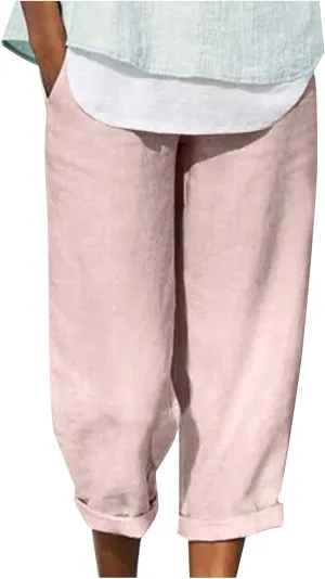 Women Casual Cotton Tapered Capri Cargo Pants Loose Elastic Waist Ankle Cropped Trouser Summer Work Slacks with Pocket