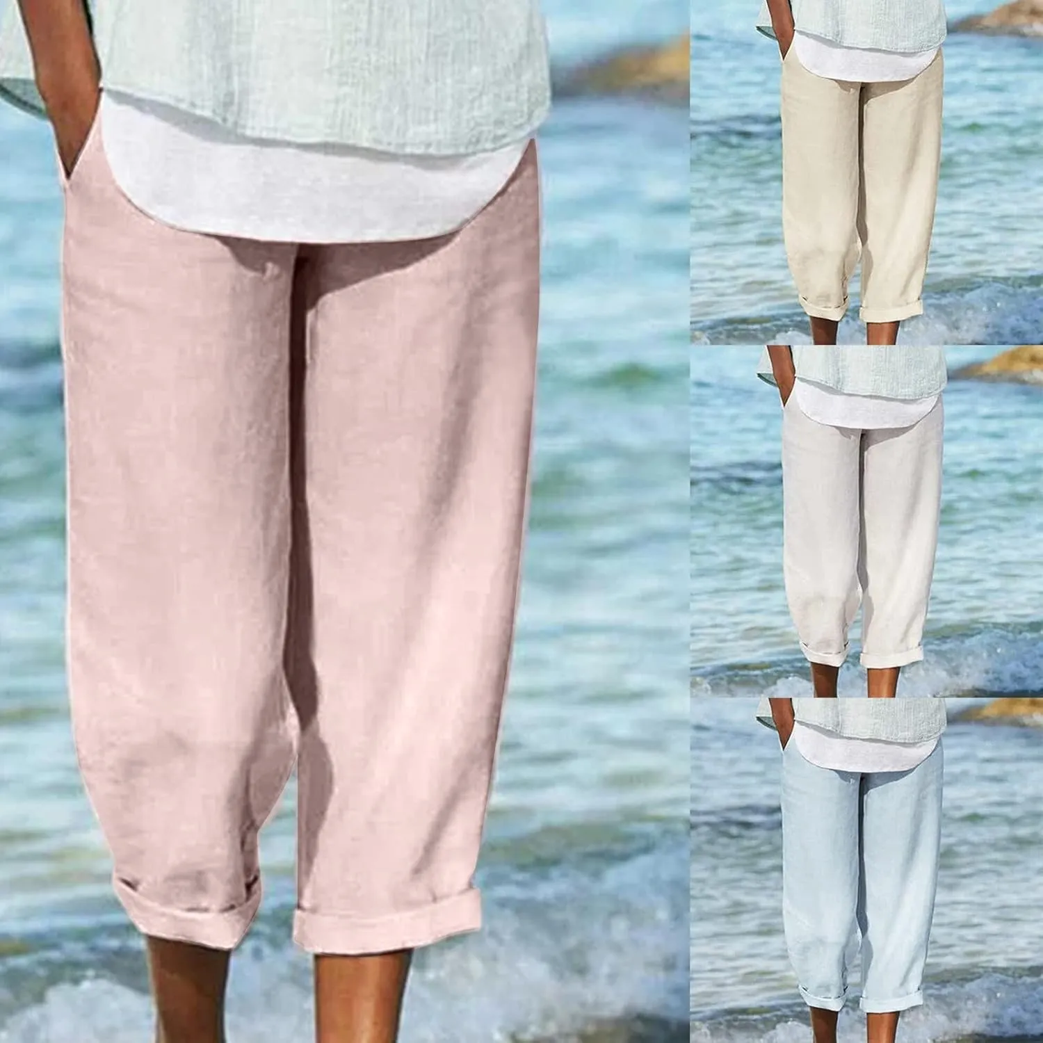 Women Casual Cotton Tapered Capri Cargo Pants Loose Elastic Waist Ankle Cropped Trouser Summer Work Slacks with Pocket