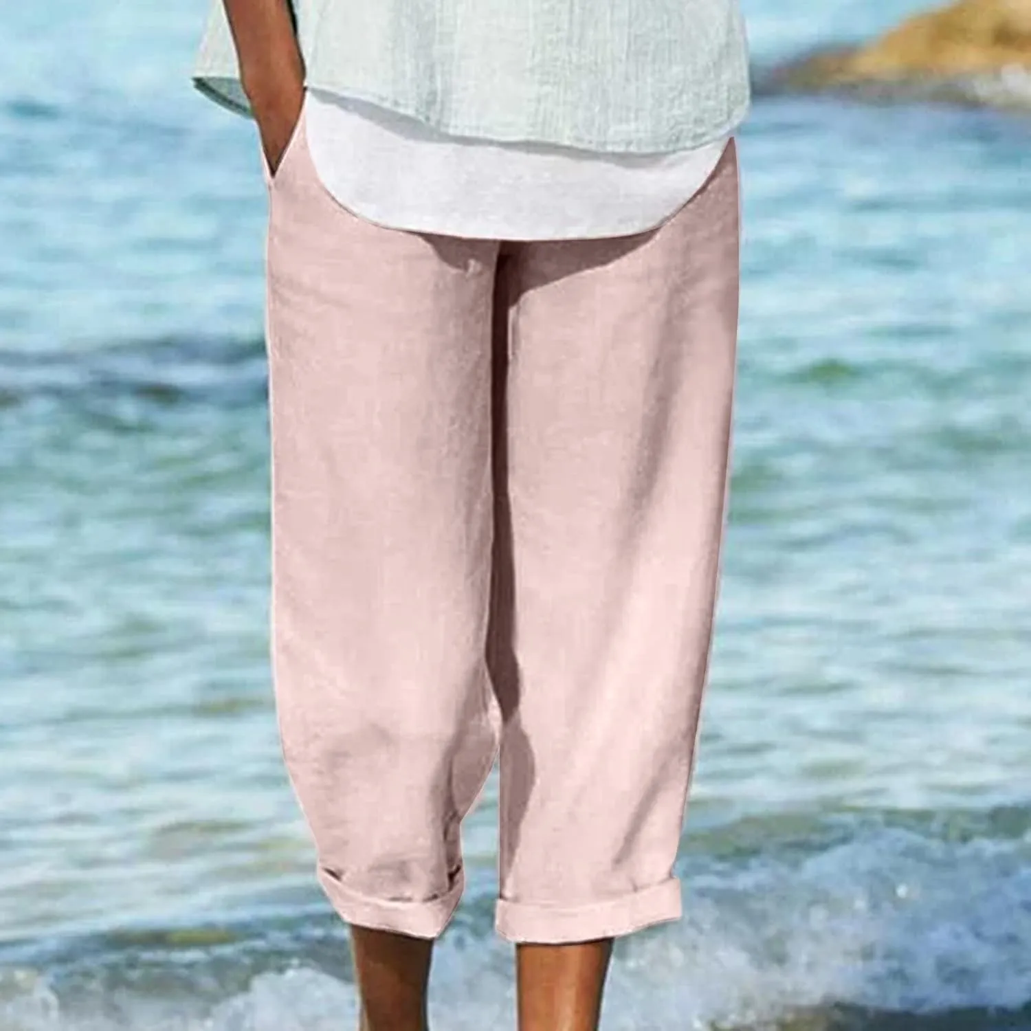 Women Casual Cotton Tapered Capri Cargo Pants Loose Elastic Waist Ankle Cropped Trouser Summer Work Slacks with Pocket