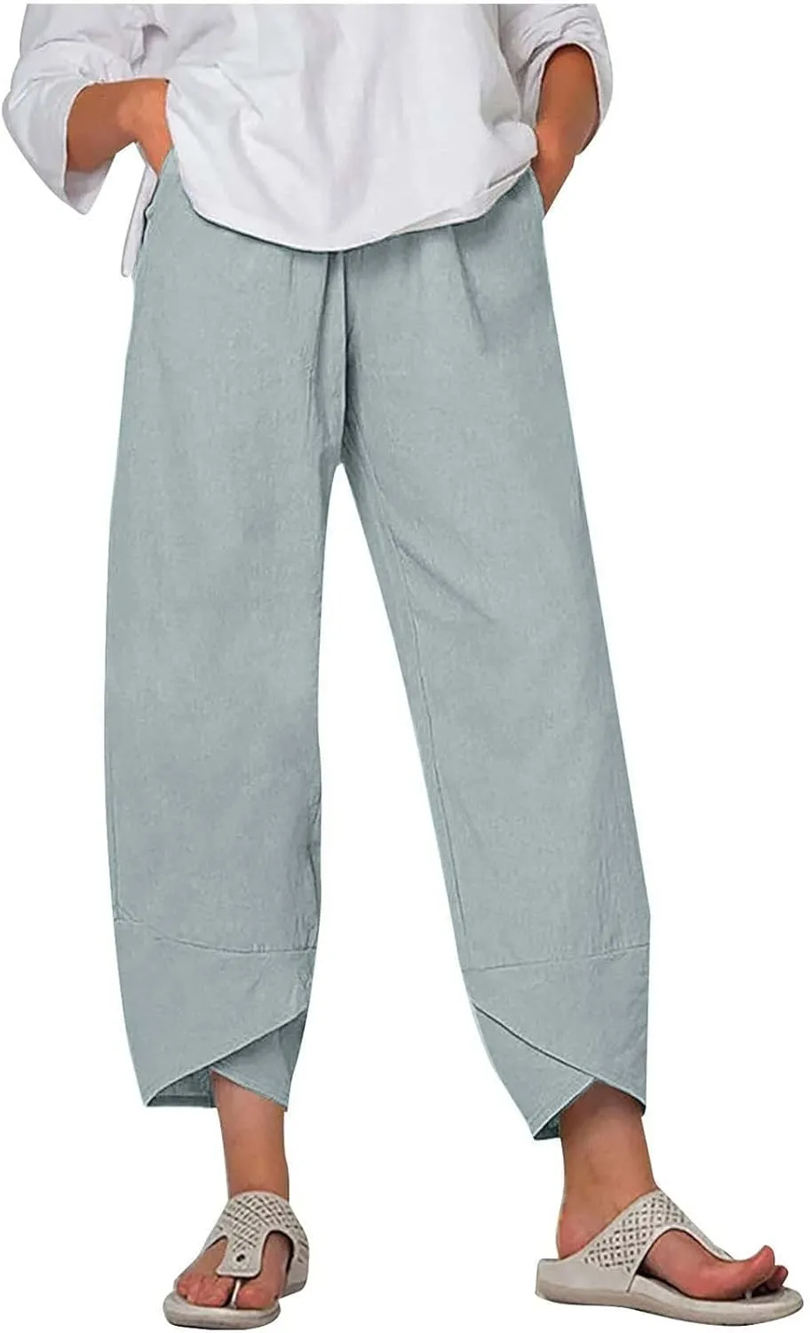 Women Cotton Linen Capris Pants Summer Plus Size Boho Pant Lightweight Hight Waist Linen Vacation Beach Trouser Pocket