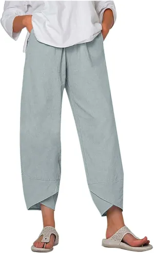 Women Cotton Linen Capris Pants Summer Plus Size Boho Pant Lightweight Hight Waist Linen Vacation Beach Trouser Pocket