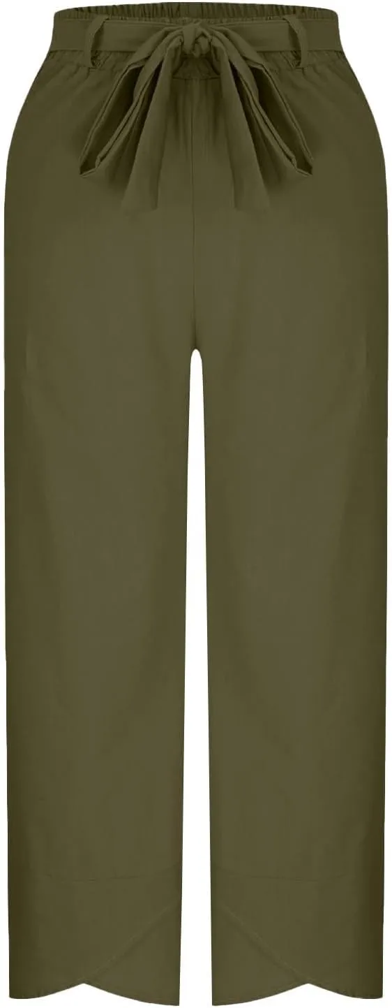 Women Cotton Linen Pant Summer 2025 Casual Capri Pants with Pocket Cropped High Waisted Drawstring Comfy Baggy Trouser
