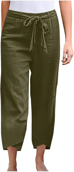 Women Cotton Linen Pant Summer 2025 Casual Capri Pants with Pocket Cropped High Waisted Drawstring Comfy Baggy Trouser