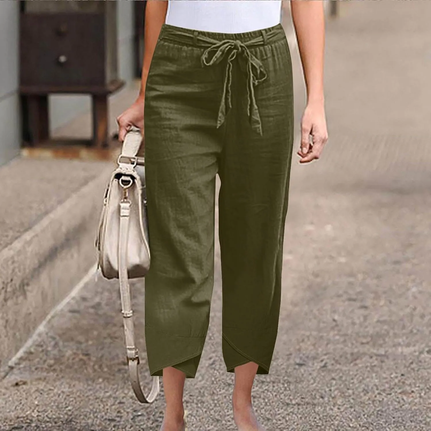 Women Cotton Linen Pant Summer 2025 Casual Capri Pants with Pocket Cropped High Waisted Drawstring Comfy Baggy Trouser