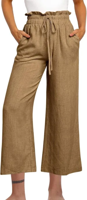 Women Cotton Linen Pants Casual Loose High Waist Palazzo Trousers Beach Wide Leg Cropped Pants Trendy Summer Outfits