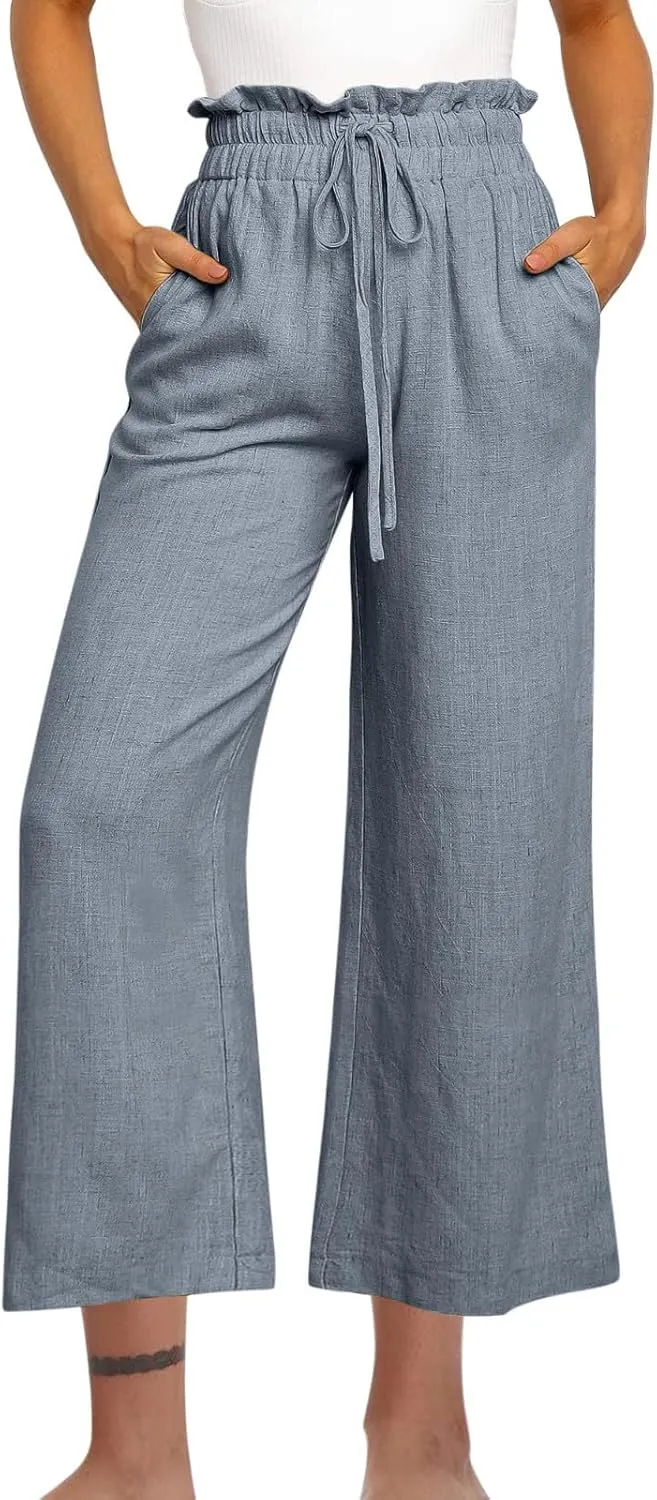 Women Cotton Linen Pants Casual Loose High Waist Palazzo Trousers Beach Wide Leg Cropped Pants Trendy Summer Outfits