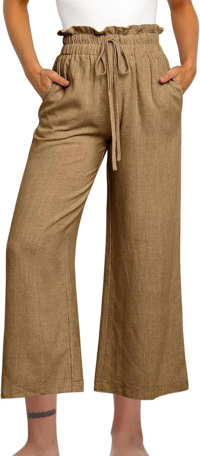 Women Cotton Linen Pants Casual Loose High Waist Palazzo Trousers Beach Wide Leg Cropped Pants Trendy Summer Outfits
