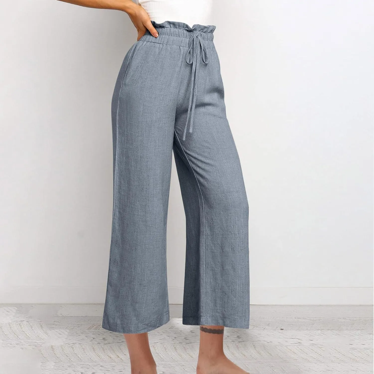Women Cotton Linen Pants Casual Loose High Waist Palazzo Trousers Beach Wide Leg Cropped Pants Trendy Summer Outfits