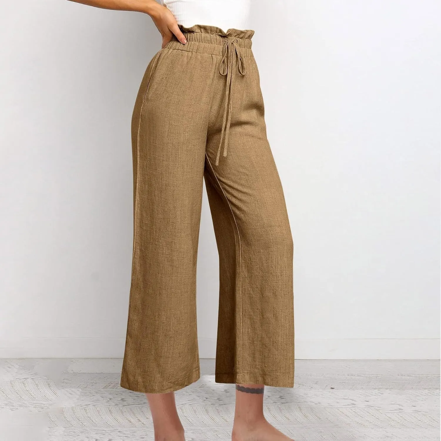 Women Cotton Linen Pants Casual Loose High Waist Palazzo Trousers Beach Wide Leg Cropped Pants Trendy Summer Outfits