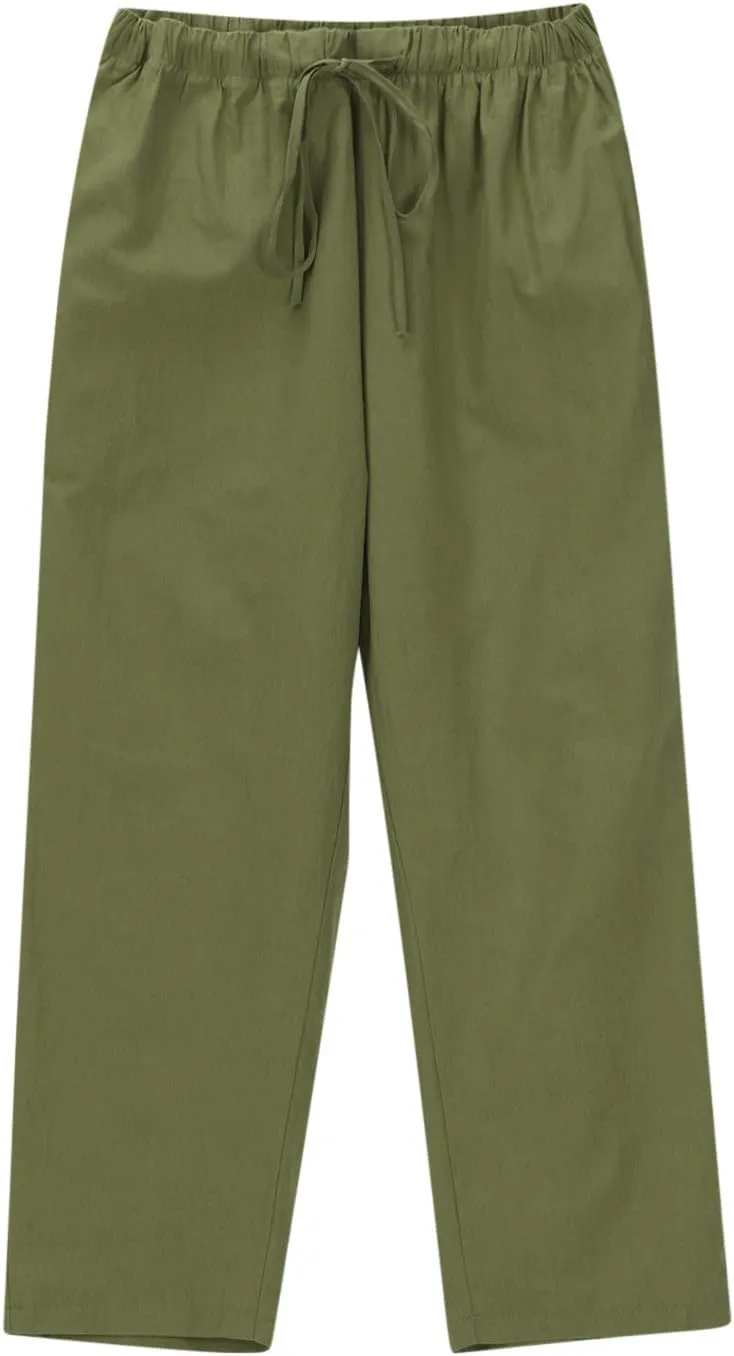 Women Cotton Linen Pants Casual Loose Wide Leg Trousers Summer Drawstring High Waist Pants with Pocket