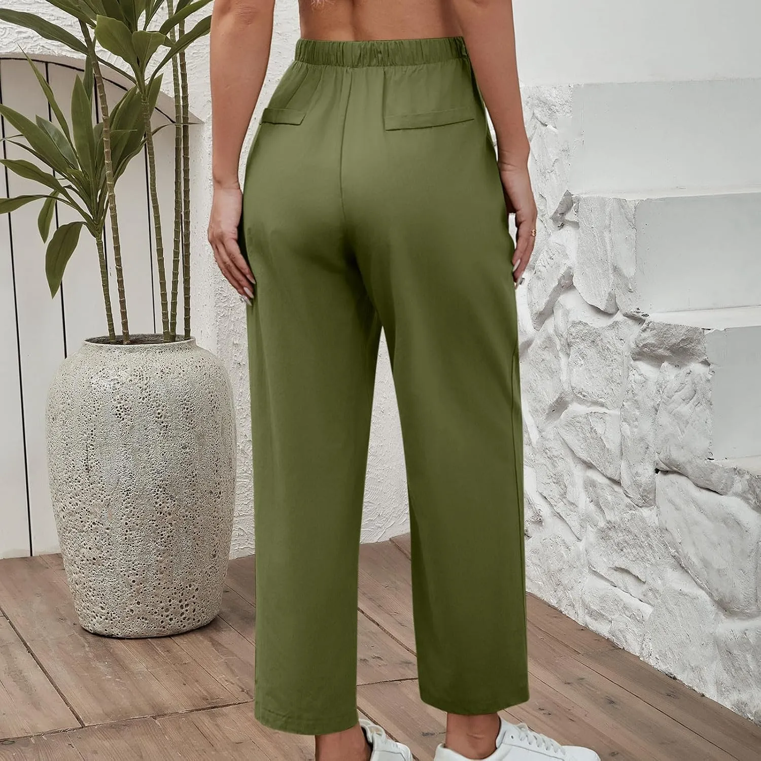 Women Cotton Linen Pants Casual Loose Wide Leg Trousers Summer Drawstring High Waist Pants with Pocket