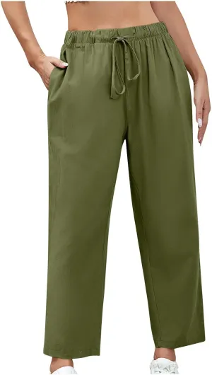 Women Cotton Linen Pants Casual Loose Wide Leg Trousers Summer Drawstring High Waist Pants with Pocket