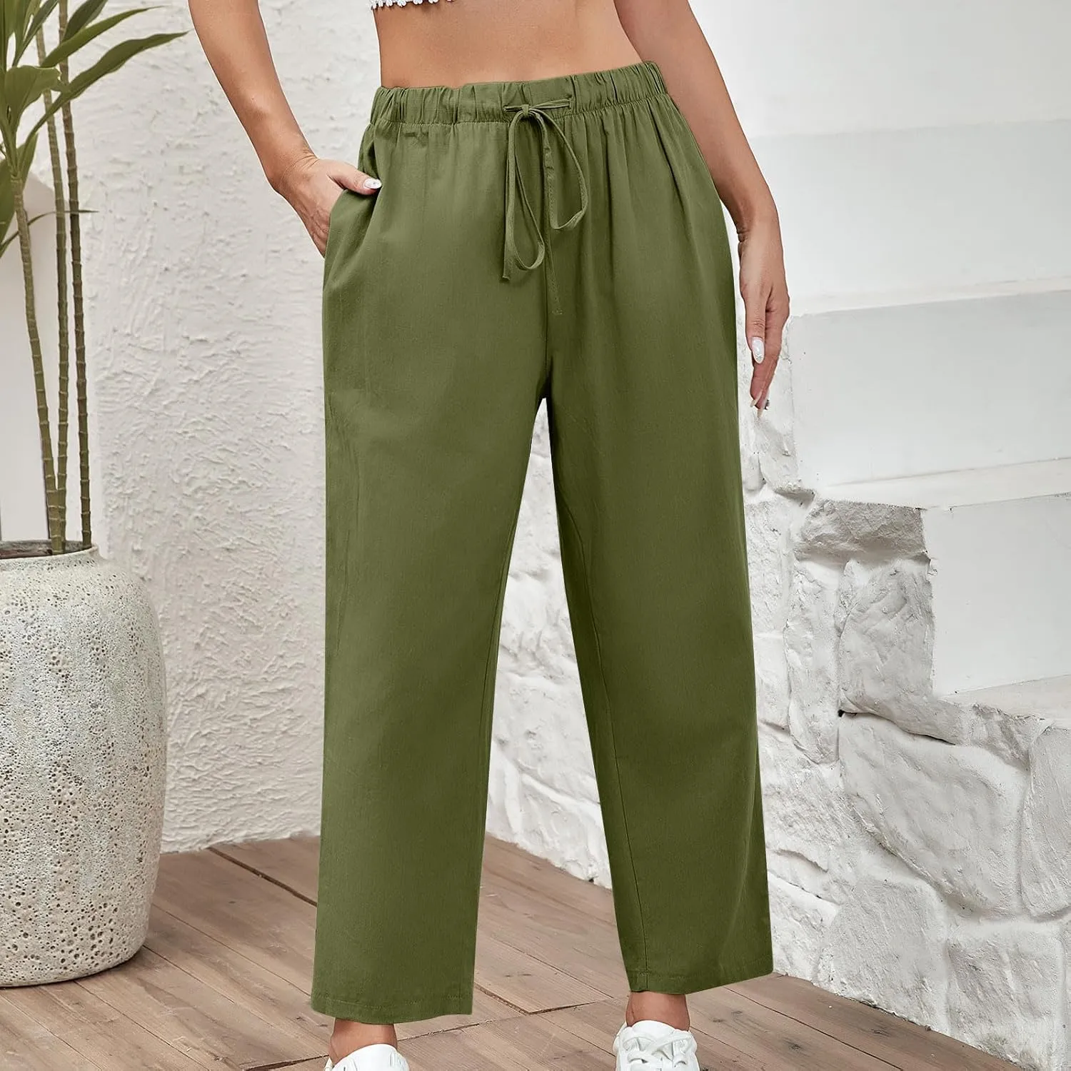 Women Cotton Linen Pants Casual Loose Wide Leg Trousers Summer Drawstring High Waist Pants with Pocket